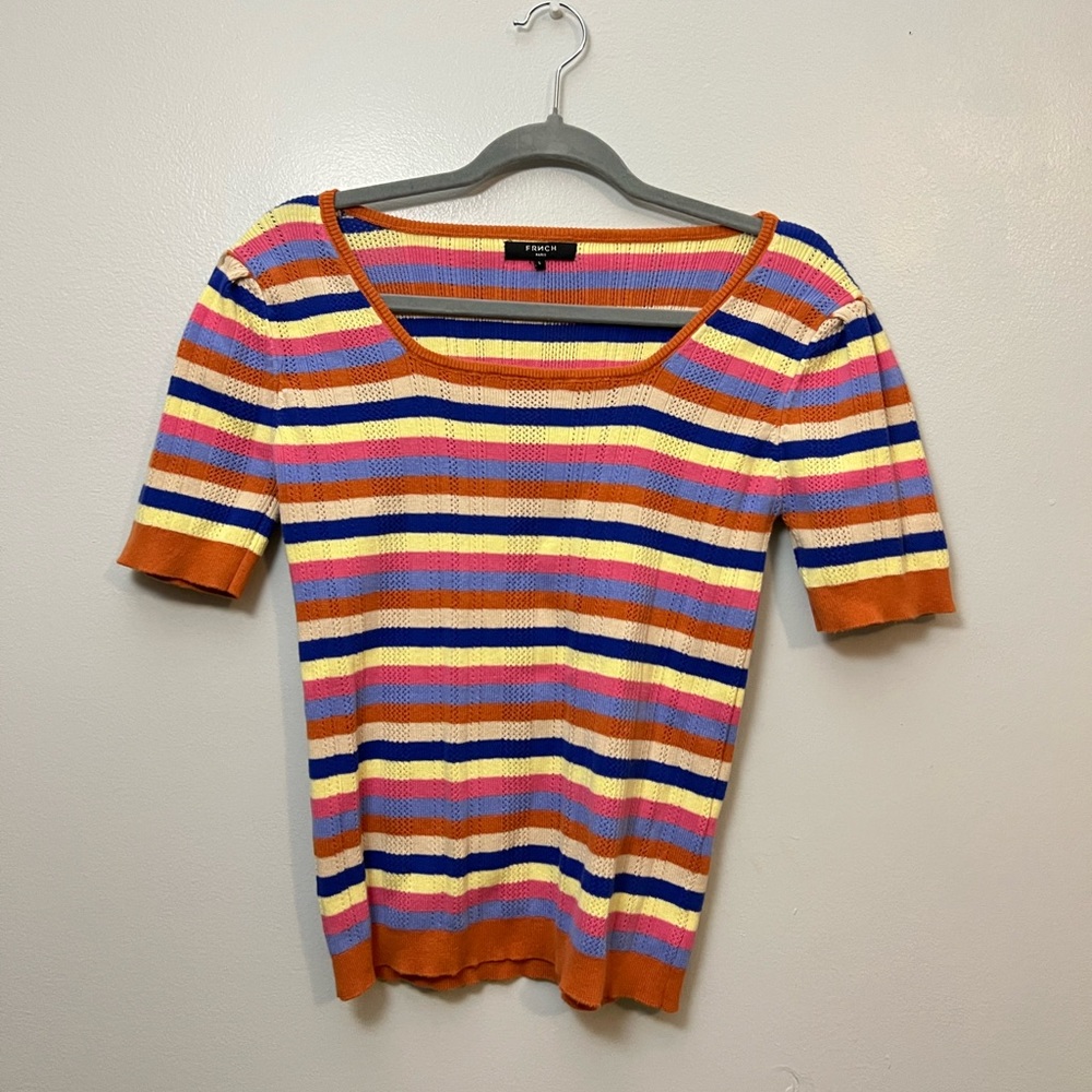 FRNCH Paris orange, yellow, pink, purple and dark blue shirt puff sleeve sweater
